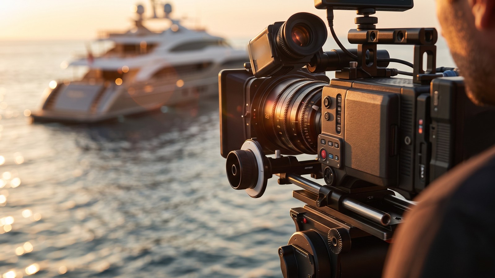 Câmara de cinema a filmar um iate ao largo, ao entardecer